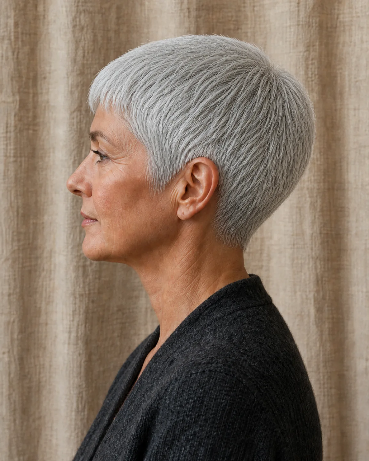 A woman in her late 50s in full profile showing a soft rounded silver-grey pixie that curves smoothly from crown to nape, charcoal wool cardigan, beige linen curtain background