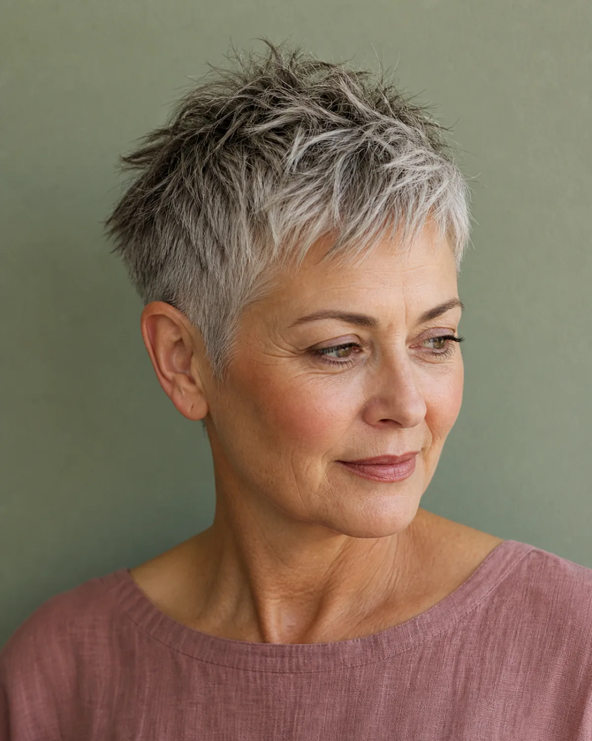 A woman in her early 60s with a textured choppy grey pixie crop, three-quarter right view showing piece-y mixed-texture top layers, dusty-rose blouse against a sage-green wall