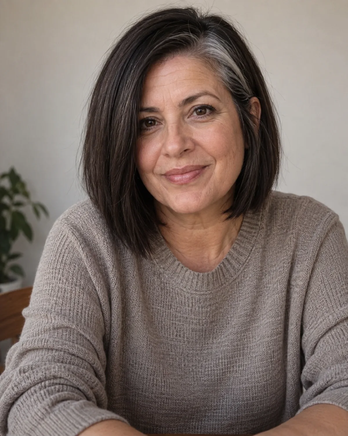 Mature woman with thick dark hair with a white streak at the temple in a blunt chin-length cut, seated and shot from slightly above with hair falling forward over one shoulder