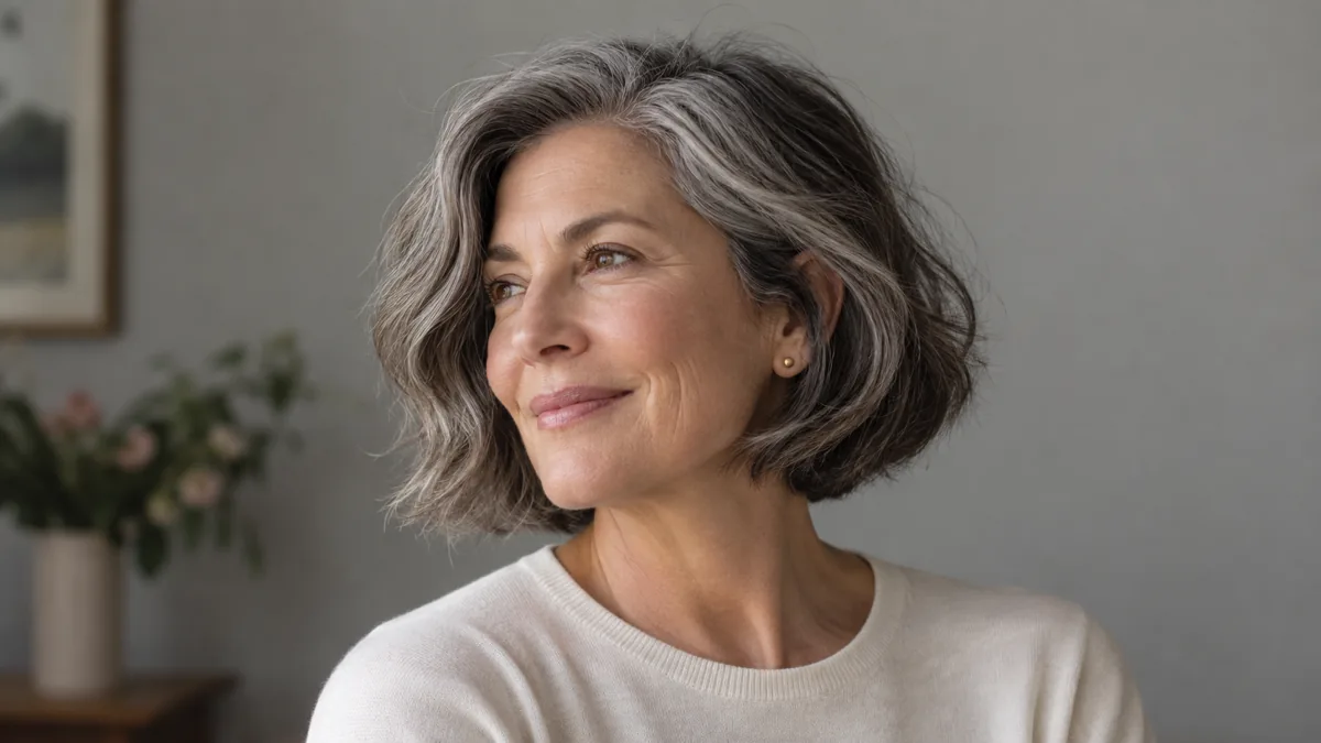 Mature woman with thick salt-and-pepper hair in a textured short bob, three-quarter turn in warm daylight against a muted grey background