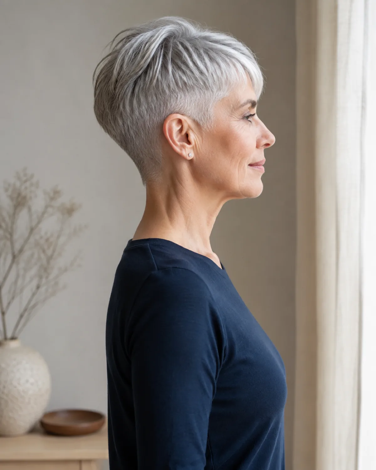 Side profile of a mature woman with a classic silver pixie cut showing tapered sides and weight at the crown