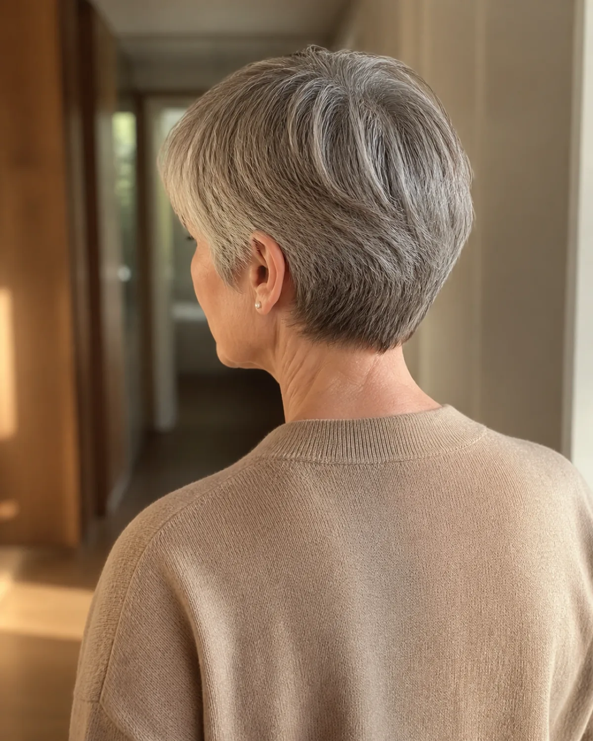 Back view of a mature woman walking away showing a soft crop with no visible part line, fringe blending into sides