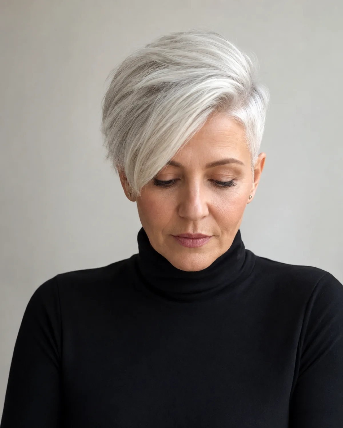 Front view of a mature woman with a disconnected pixie, eyes downcast, showing the long platinum top swept to one side over cropped sides