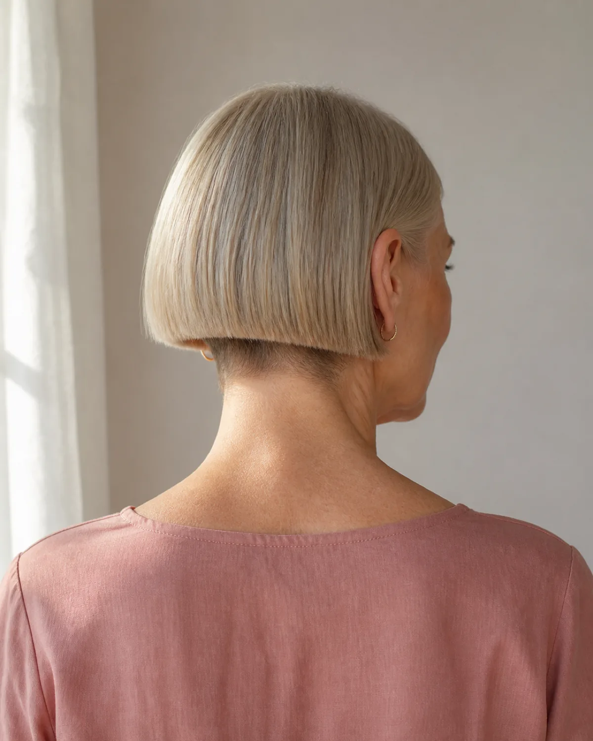 Back three-quarter view of a mature woman with a blunt ear-length bob showing the clean geometric line