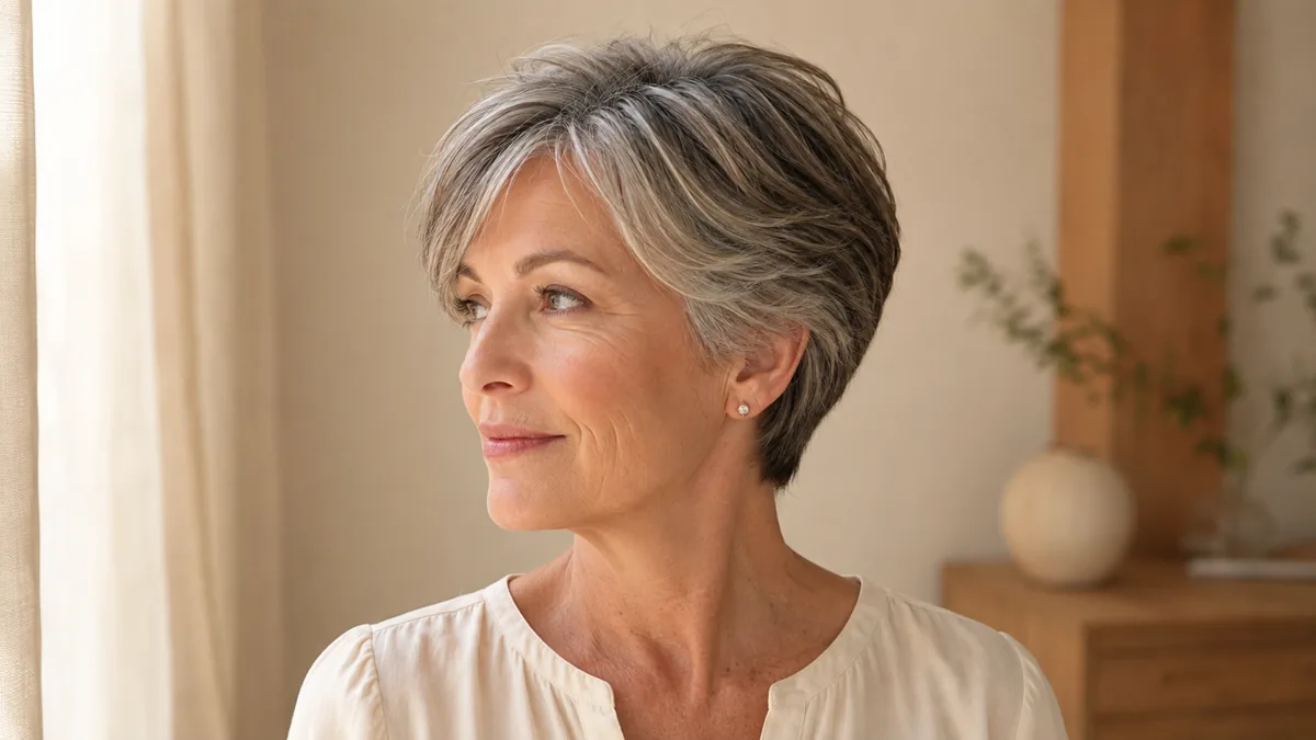 Mature woman with a short silver-streaked layered cut in three-quarter profile, soft window light