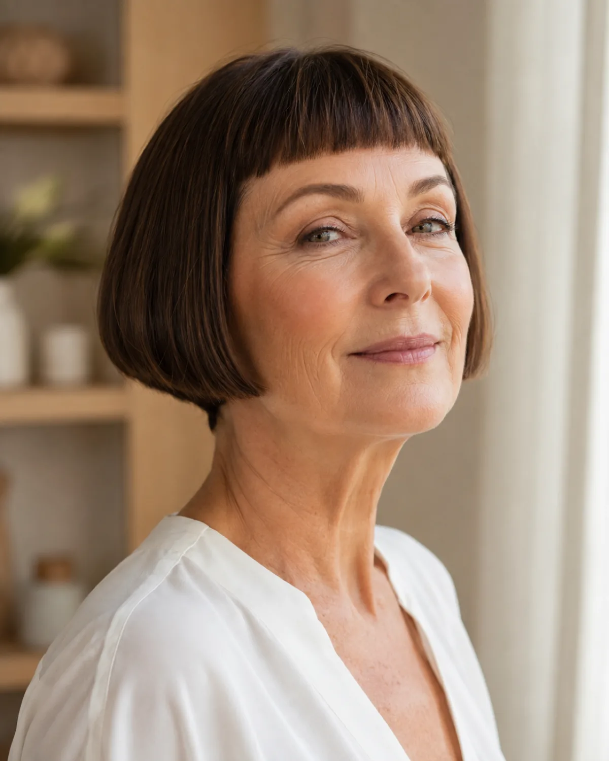 Three-quarter view of a mature woman with a cheekbone-length French bob and short straight fringe above the eyebrows