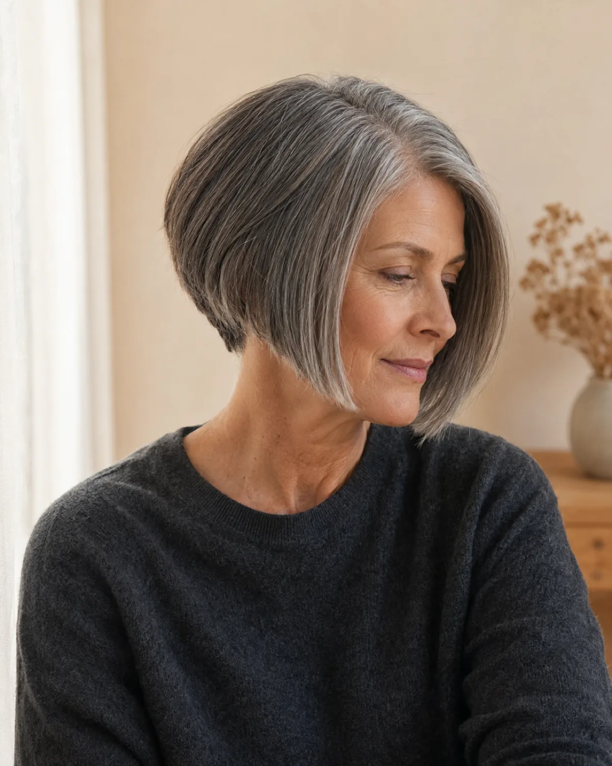 Three-quarter view of a mature woman with a graduated bob showing shorter back and jaw-length front pieces