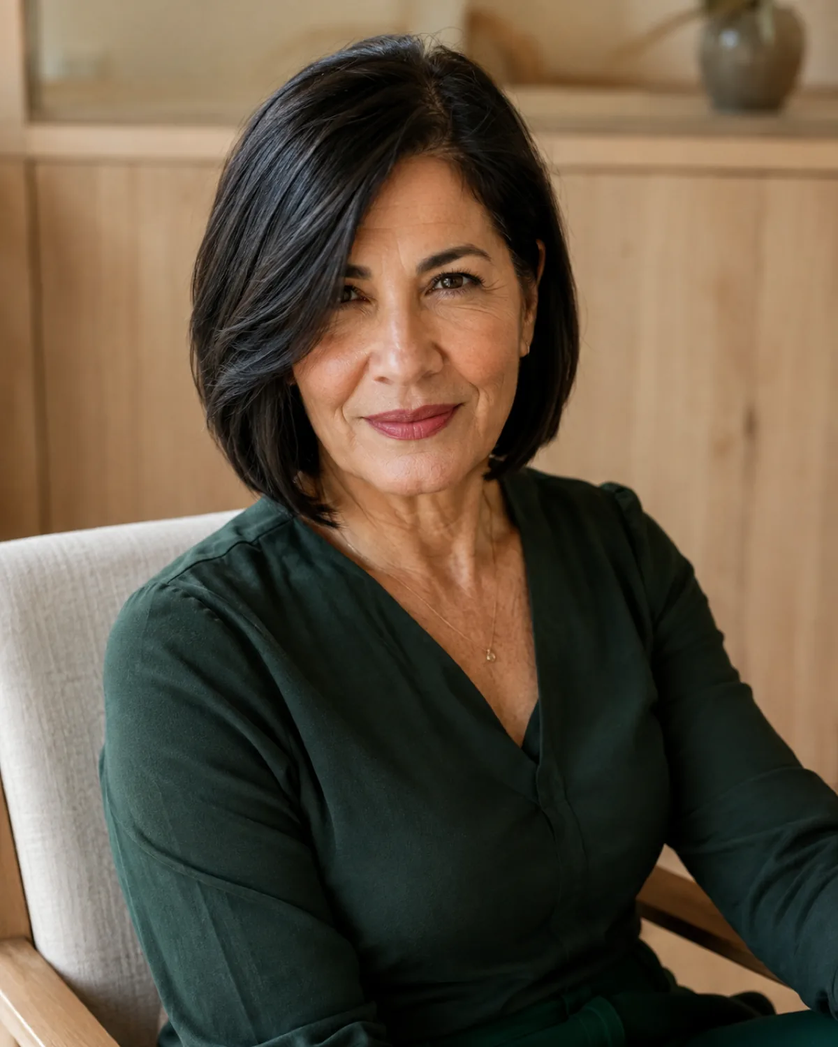 Mature woman with thick dark hair in a layered bob, seated, showing how the cut sits flat without triangling outward