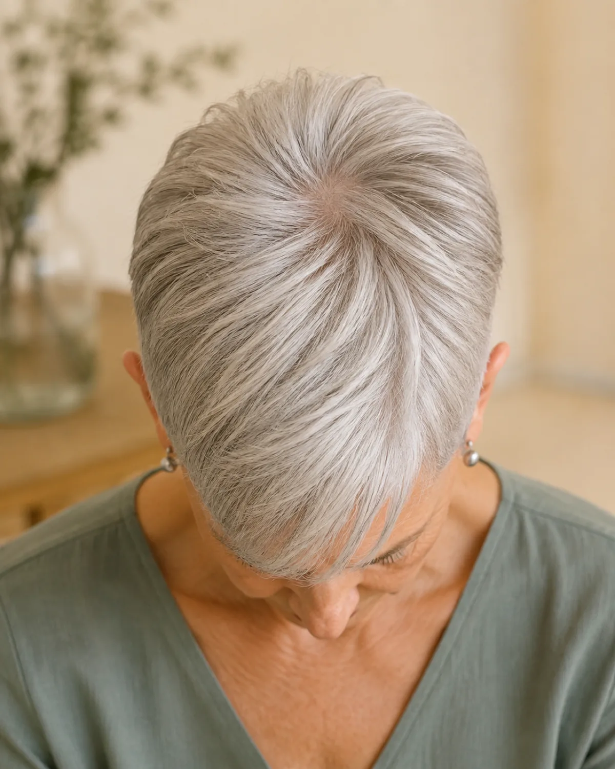 Top-down view of a mature woman with fine silver hair showing crown volume in a pixie cut