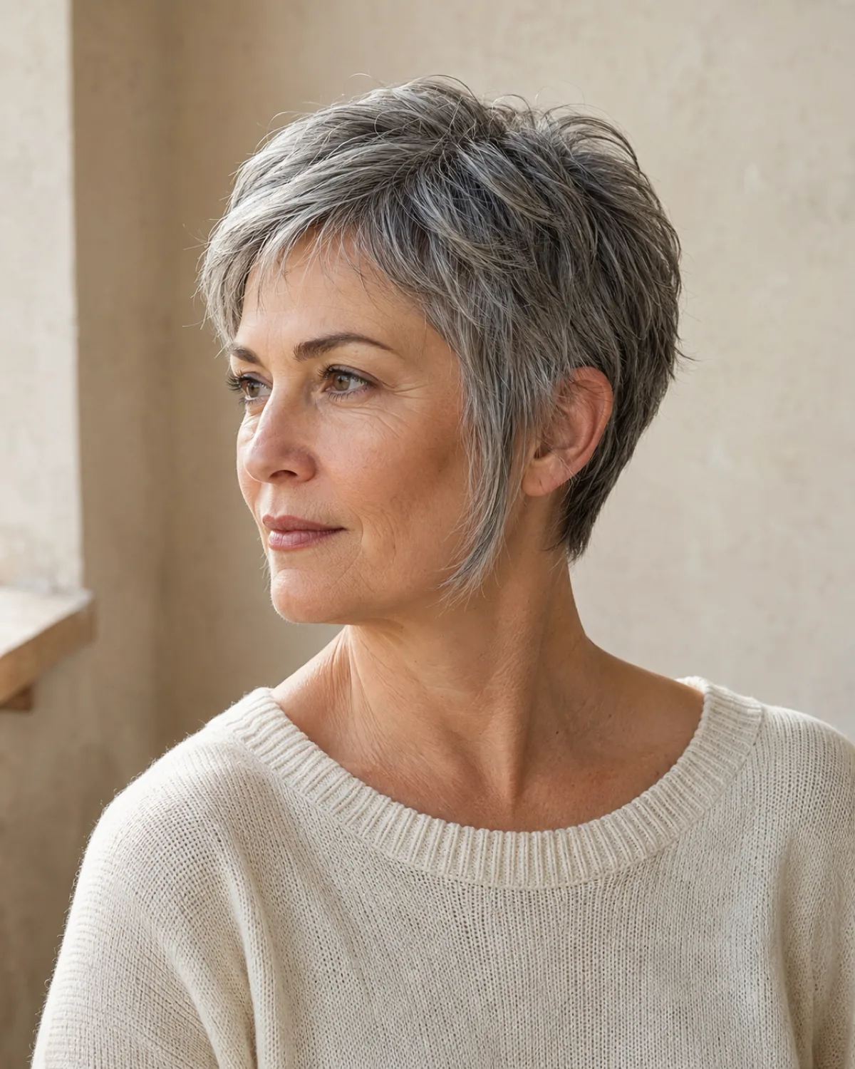 Three-quarter view of a mature woman with a soft pixie showing extended sideburns feathering in front of the ear