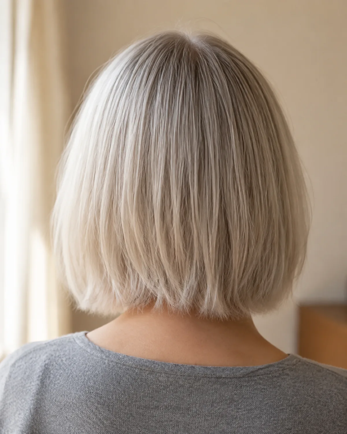 Close-up of point-cut bob ends from behind showing soft feathered tips on fine silver-blonde hair