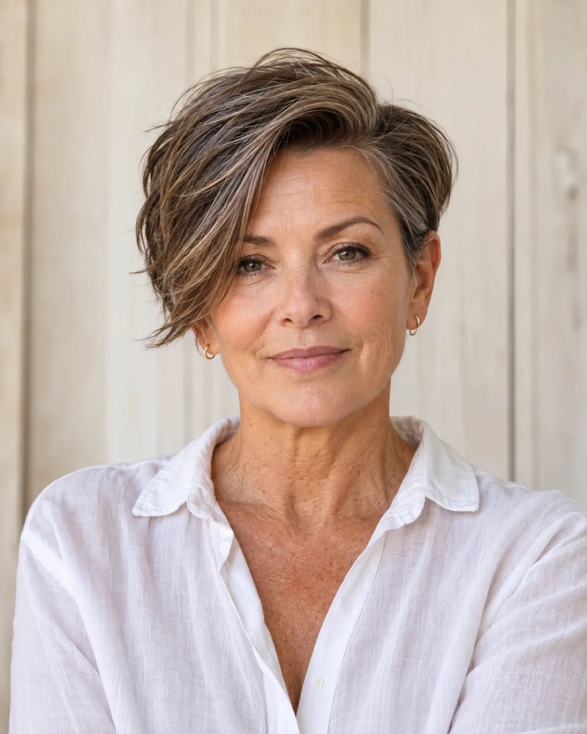 Front view of a mature woman with a side-swept pixie cut showing deep side part and swept fringe across the cheekbone