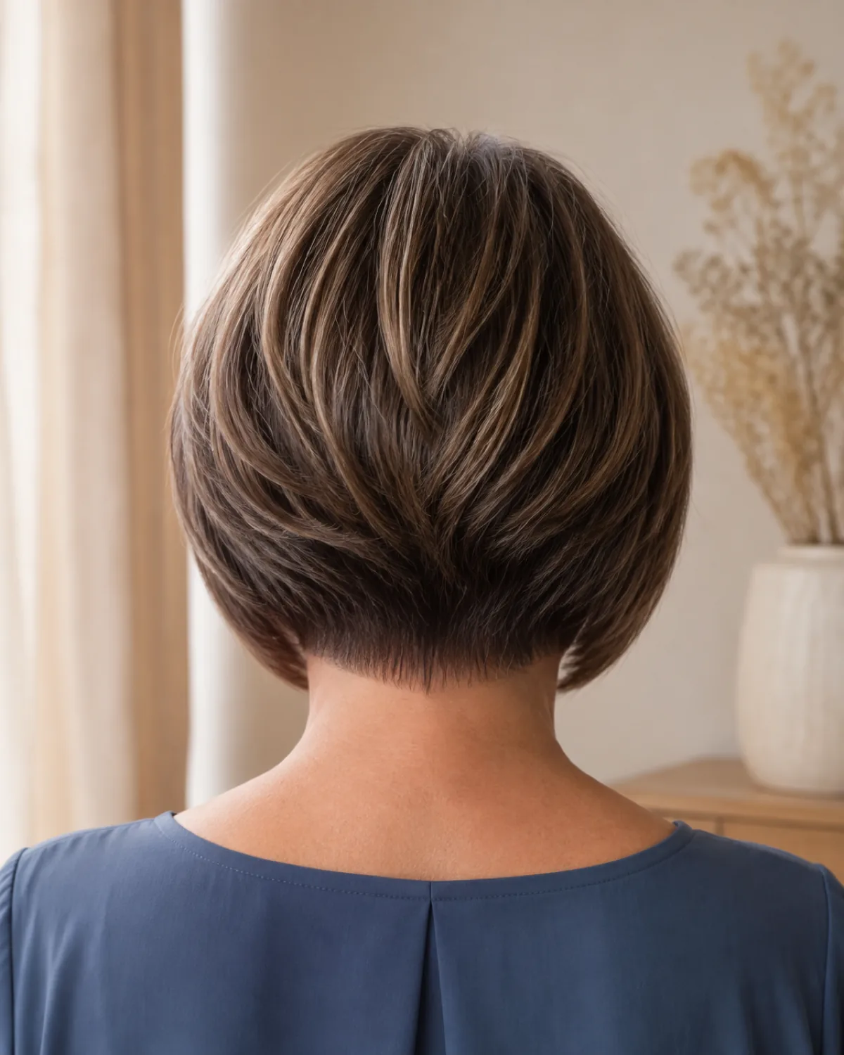 Back view of a mature woman with a stacked bob showing rounded graduation at the nape