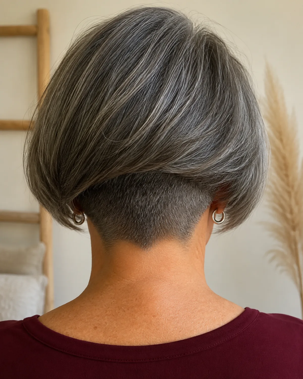 Back view of a mature woman with a bob showing the clippered undercut beneath the smooth top layer at the nape