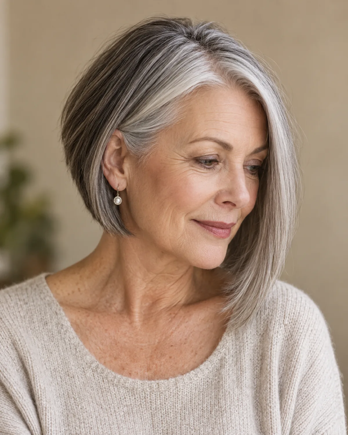Three-quarter view of mature woman over 60 with angled bob in salt-and-pepper hair, short nape angling to longer front grazing the collarbone