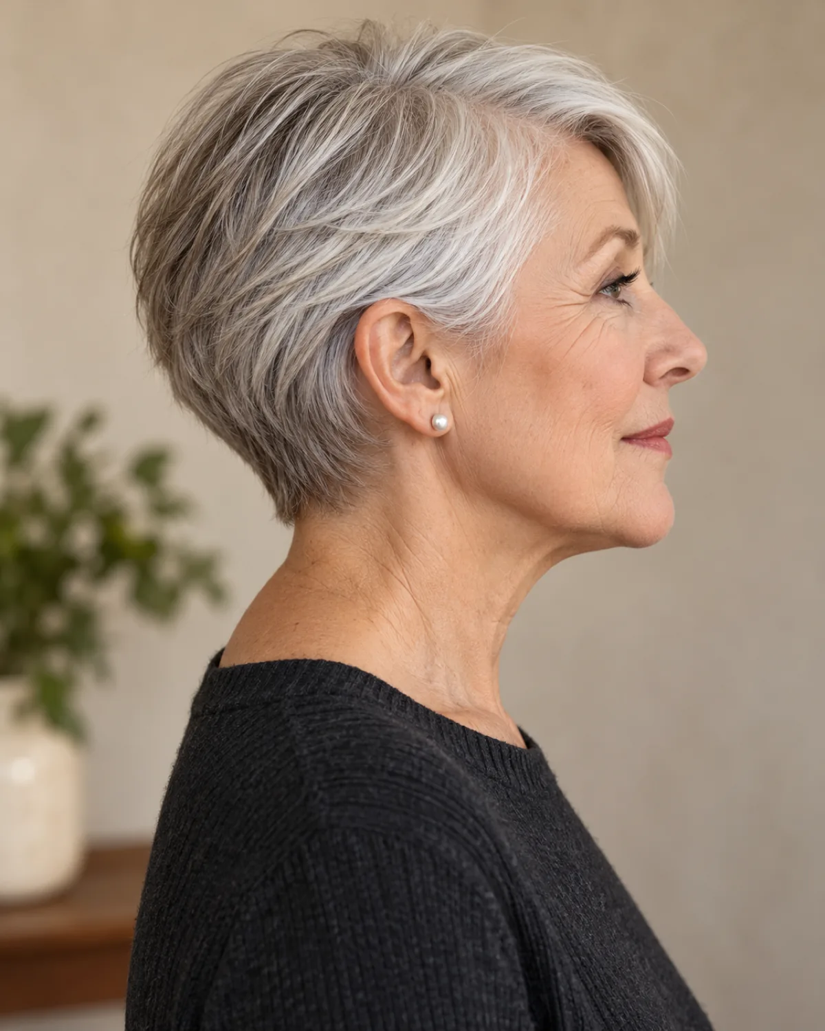 Side profile of mature woman over 60 with classic tapered pixie in silver-white hair, graduated nape and longer top layers swept to one side