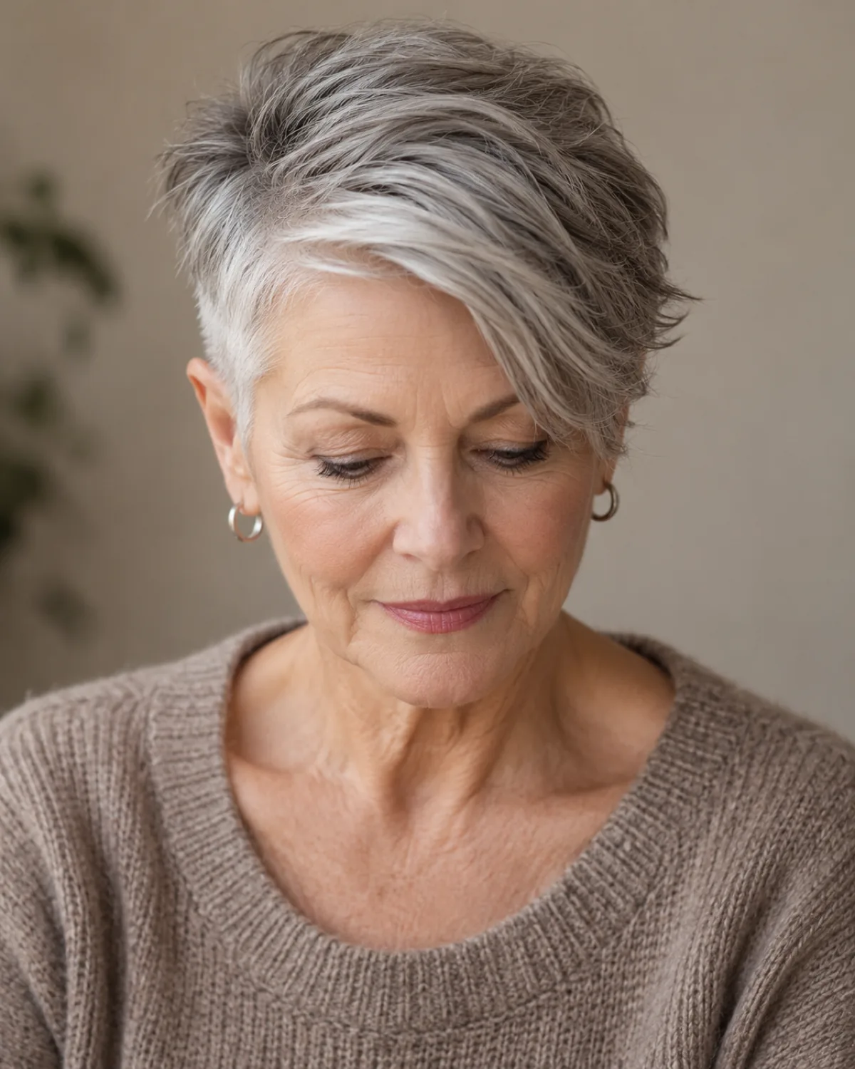 Front-facing mature woman over 60 with disconnected pixie, eyes downcast, short close-cropped sides and distinctly longer textured top swept to one side