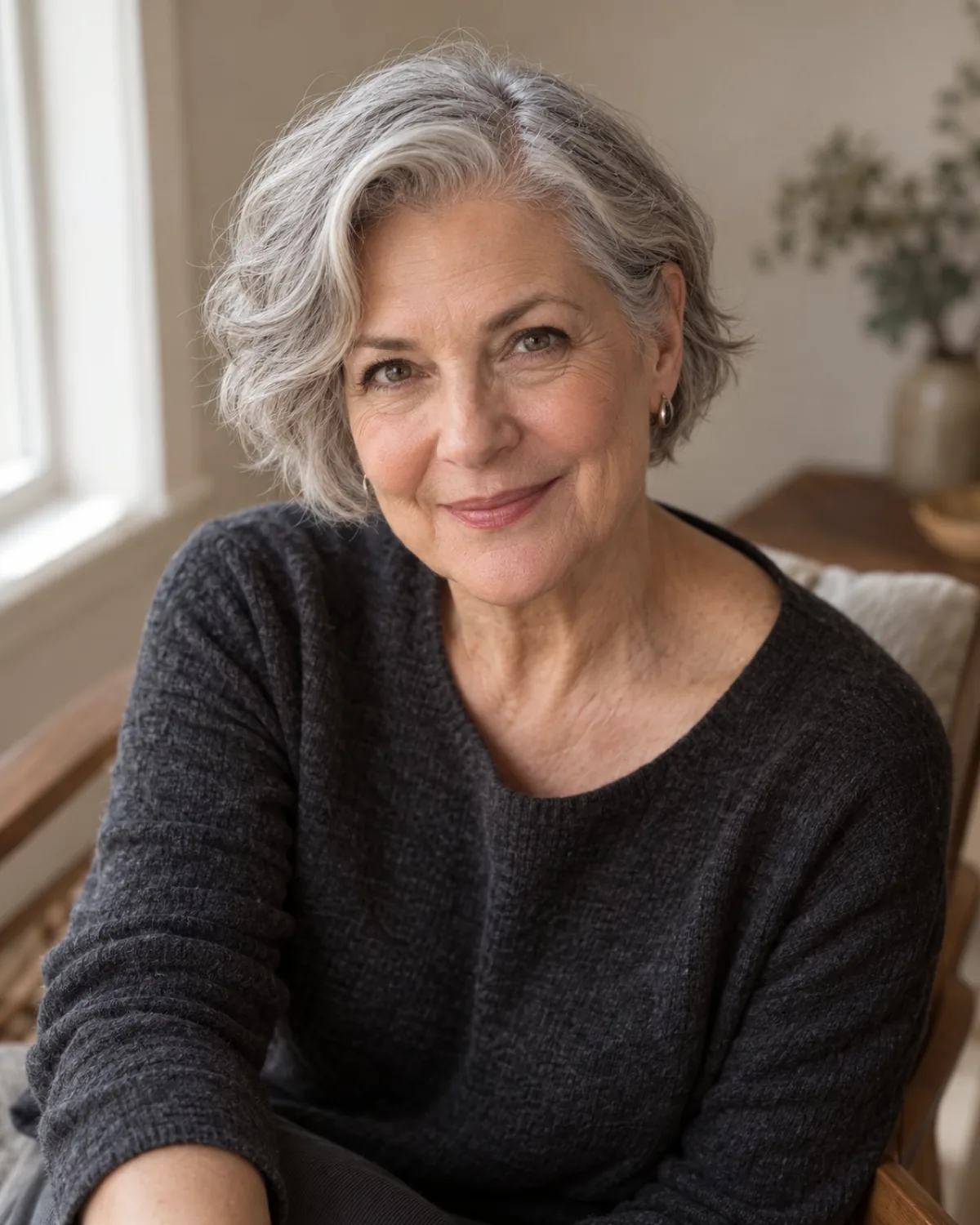 Seated mature woman over 60 photographed from slightly above, wavy grey ear-length hair with deep side part showing natural movement