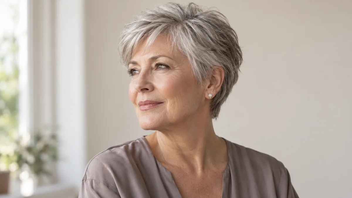 Three-quarter profile of mature woman over 60 with short silver layered pixie, soft natural light, warm neutral backdrop