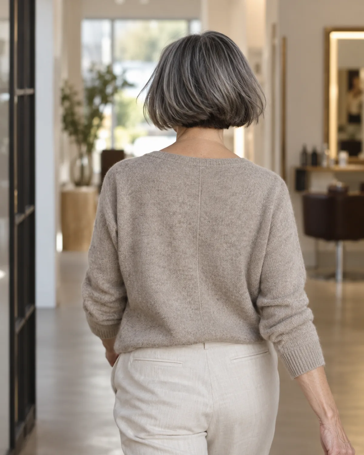 Rear view of mature woman over 60 walking away with French bob in dark-silver hair, slightly rounded back shape and jaw-length sides visible in salon setting
