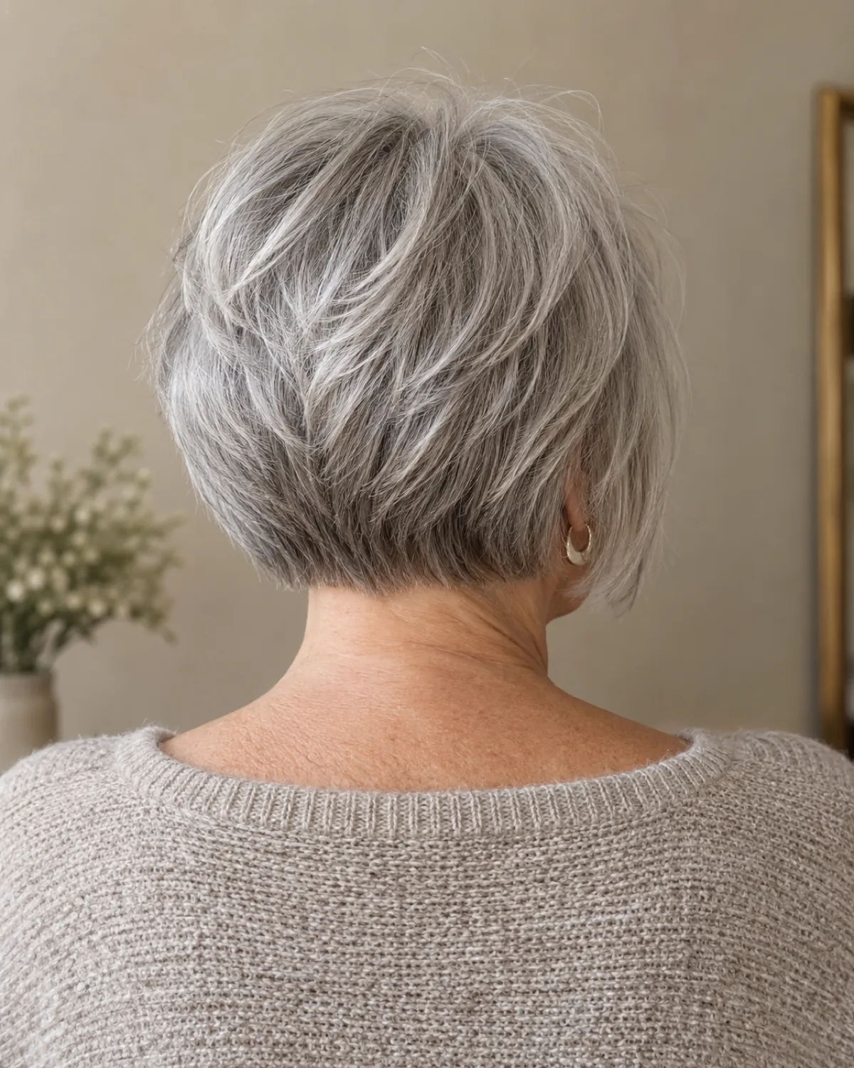 Back view of mature woman over 60 with graduated bob showing stacked layers at the nape, silver hair creating visible graduation lines and crown volume