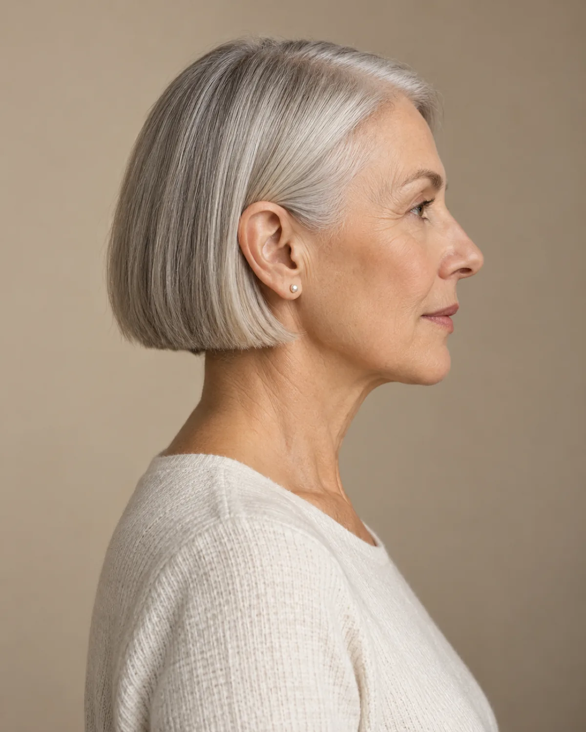 Full side profile of mature woman over 60 with sleek ear-length one-length cut in silver hair, clean geometric line at the ear, no layers