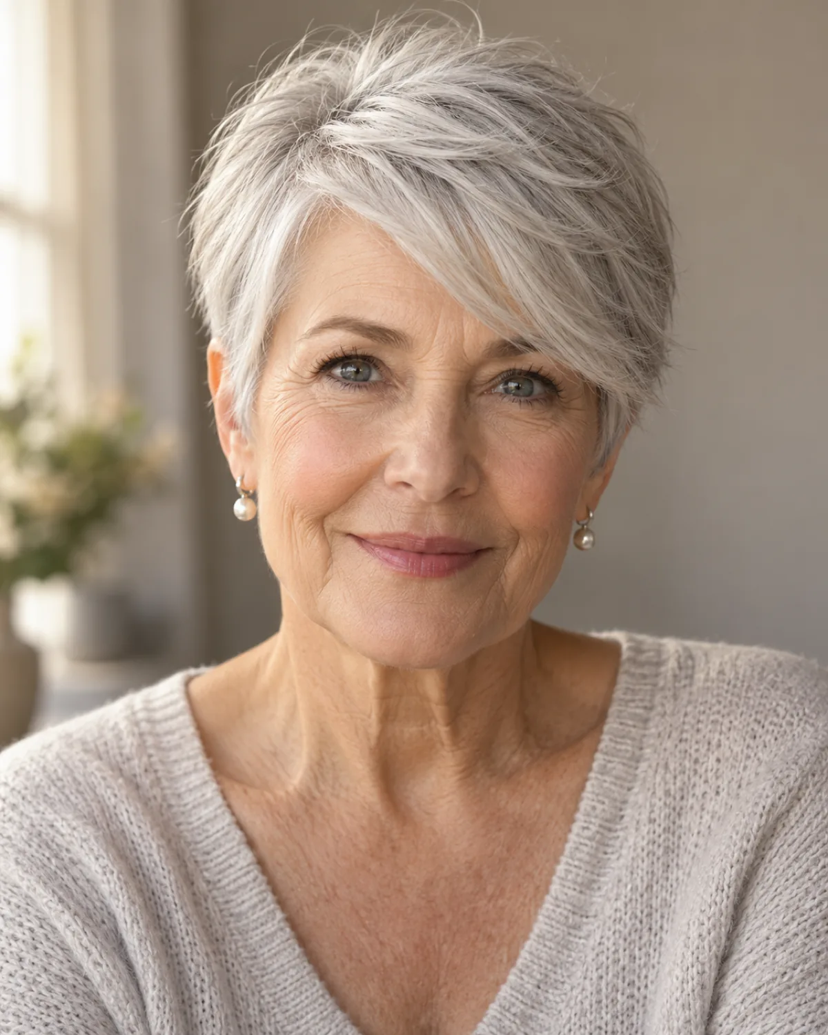 Front-facing mature woman over 60 with soft layered pixie and side-swept fringe in silver hair, feathered crown layers visible