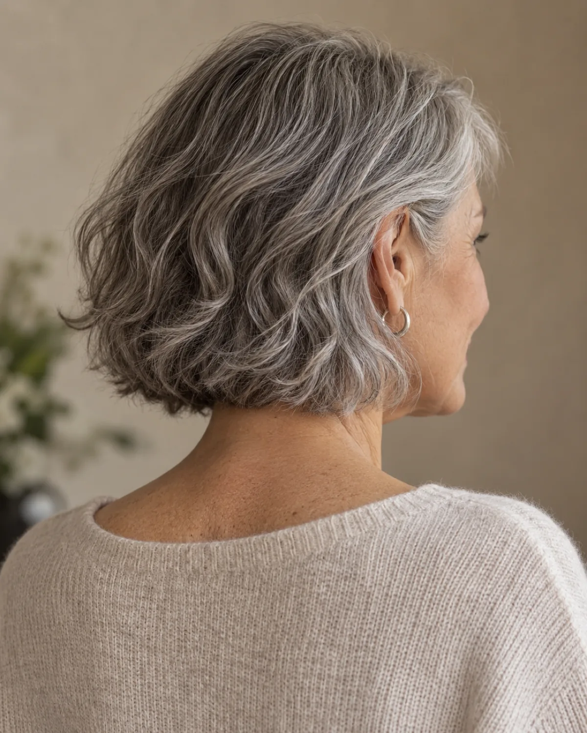 Back-three-quarter view of mature woman over 60 with wavy bob in grey hair, chin-length waves and layered ends showing natural movement