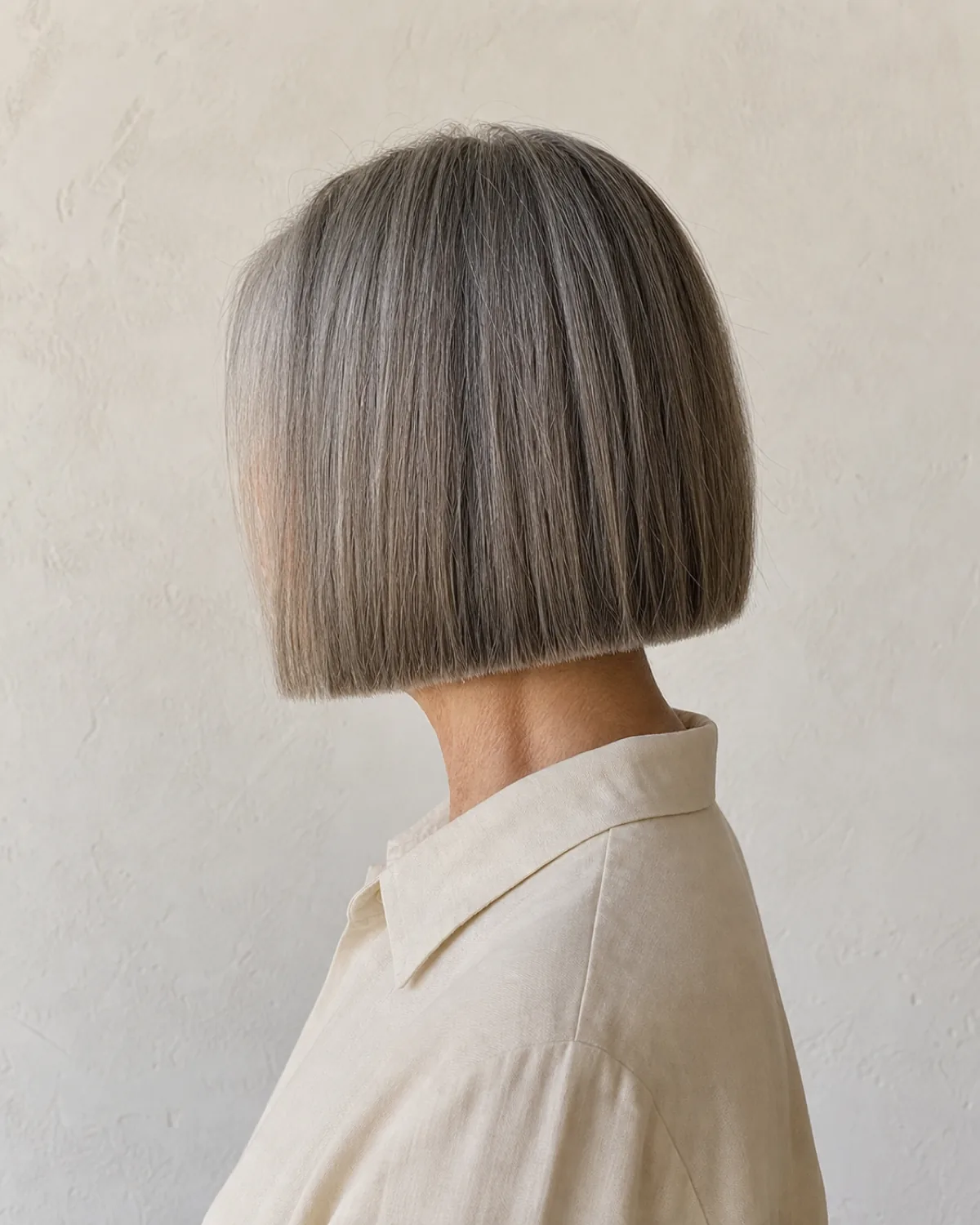 A close side and rear view of a woman with a blunt chin-length grey bob against a plain plaster wall, the perimeter cut as one continuous unlayered line ending below her jaw