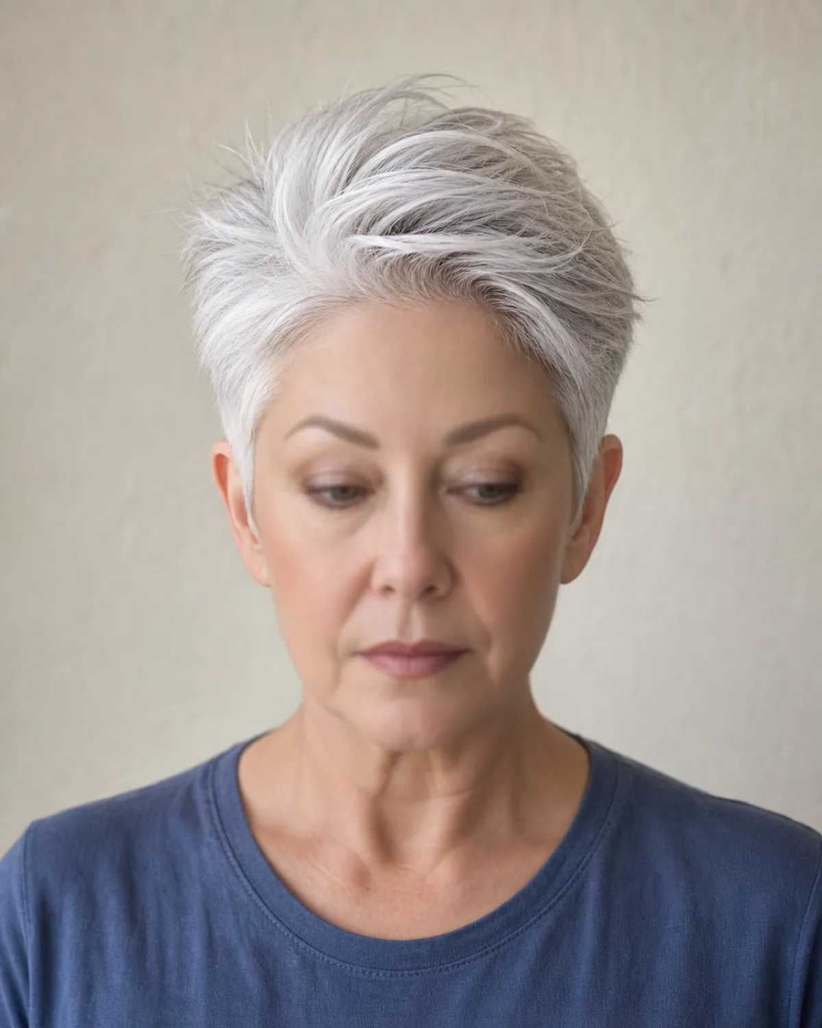 A woman with a long white silver pixie facing the camera, the top section swept up and back so it stands away from the scalp while the sides are cut close over her ears