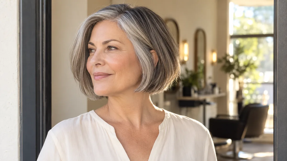 Mature woman with silver-streaked chin-length bob in three-quarter profile standing in a sunlit salon doorway