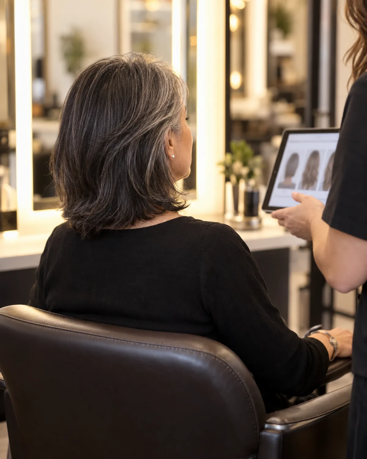 Back-three-quarter view of a mature woman with shoulder-length dark-silver hair sitting in a salon chair, stylist behind showing a tablet with length options