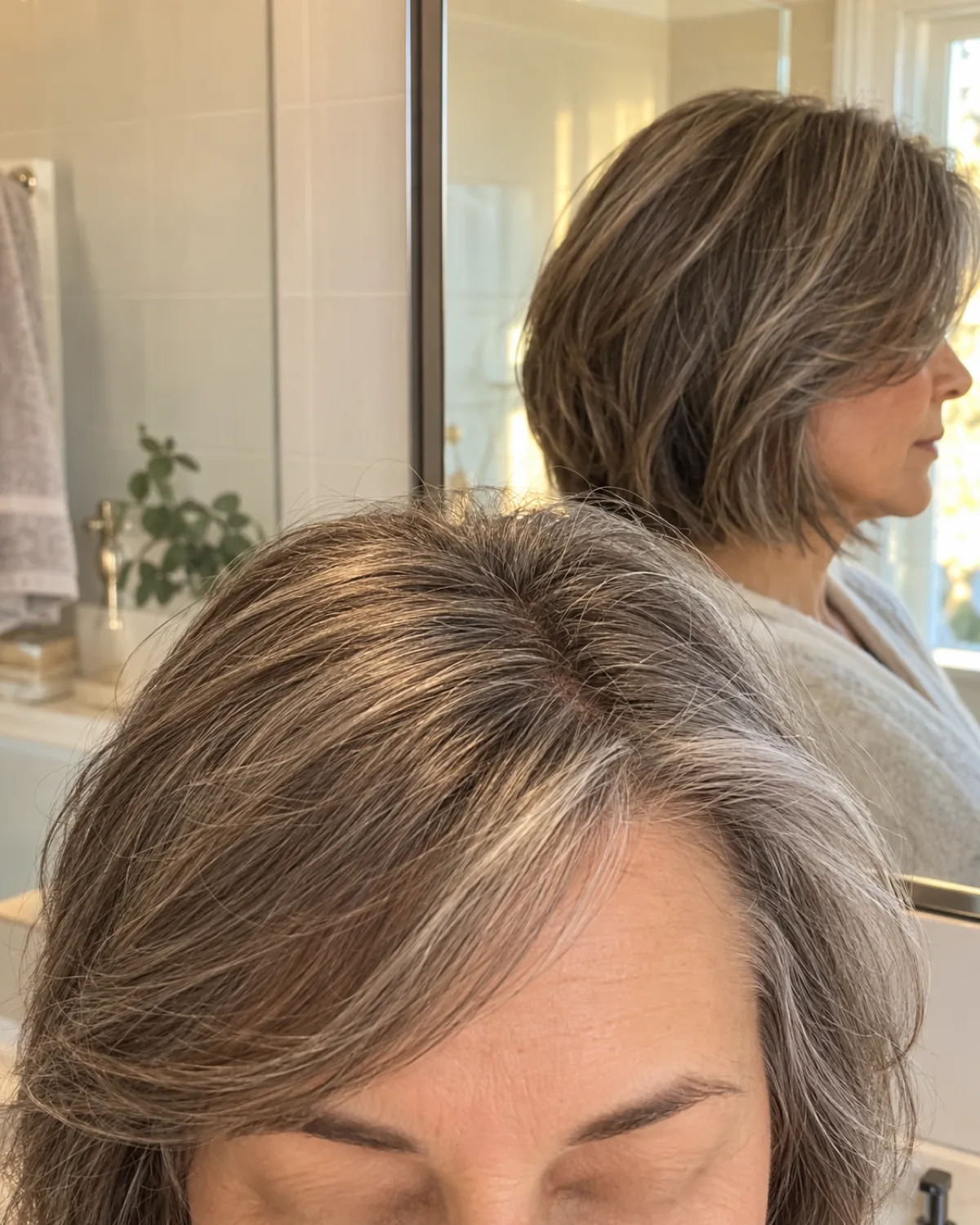 Close crop on the fringe and brow line of a mature woman with chin-length layered hair, mirror reflecting the jawline contour and how the hair frames it