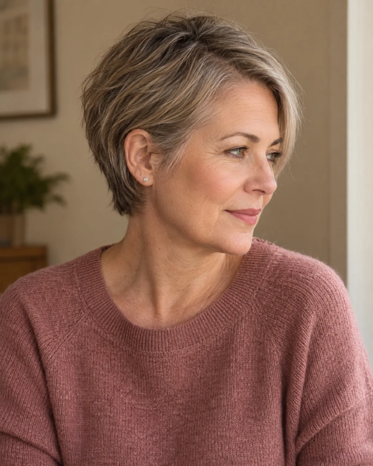 Mature woman in three-quarter profile with a grown-out pixie in the transition stage, hair tucked behind the ear with sides starting to cover the ears, wearing a dusty rose sweater