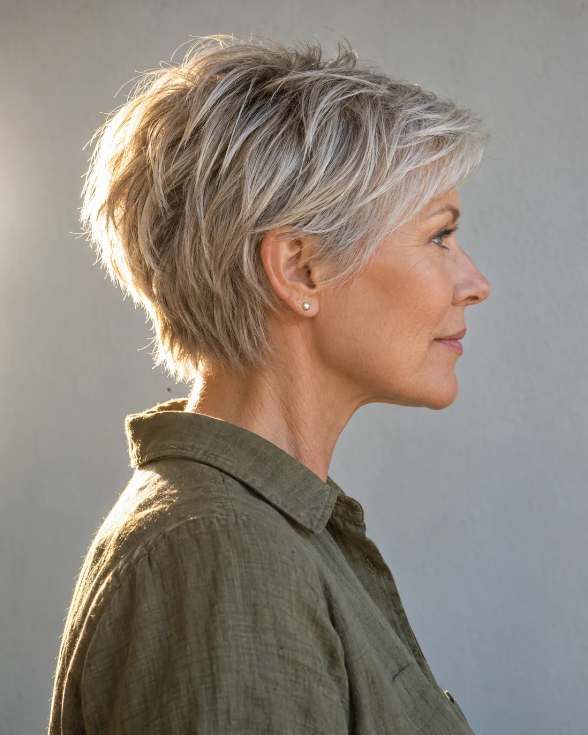 Full profile of a mature woman with fine silver-blonde hair in a textured pixie, piece-y layers visible with afternoon rim light catching individual strands