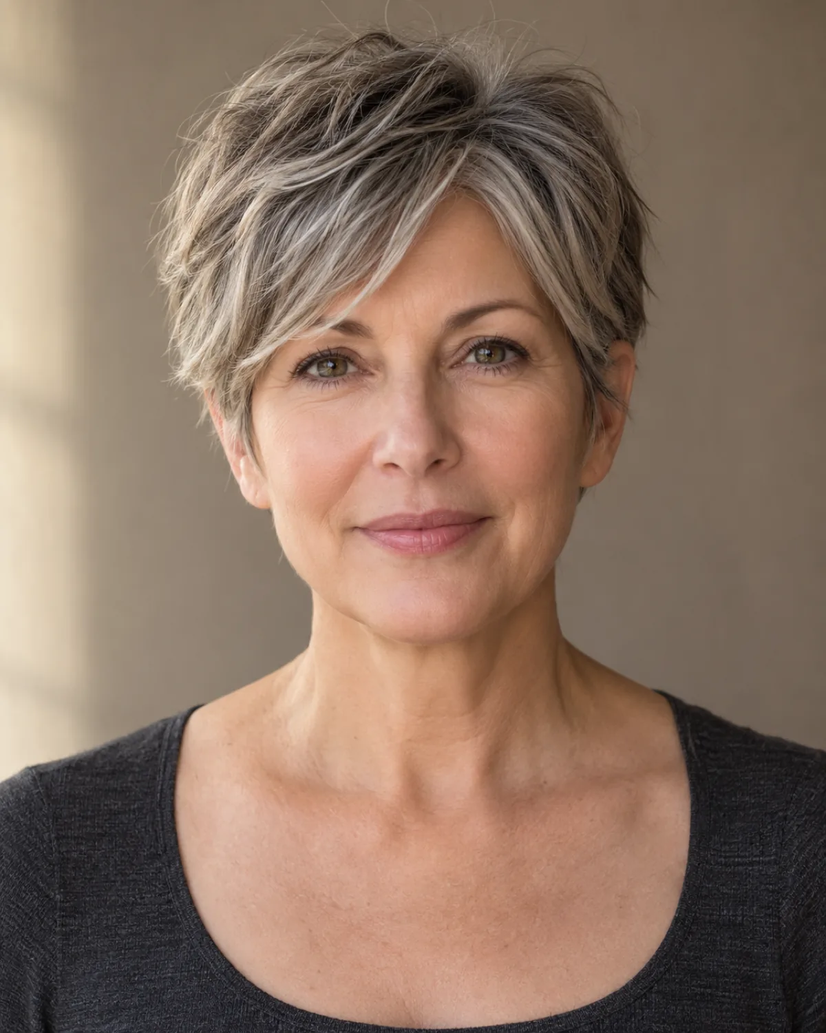 Mature woman with a textured pixie cut at ear level, front-facing with soft focus on features and sharp focus on the cut's structure