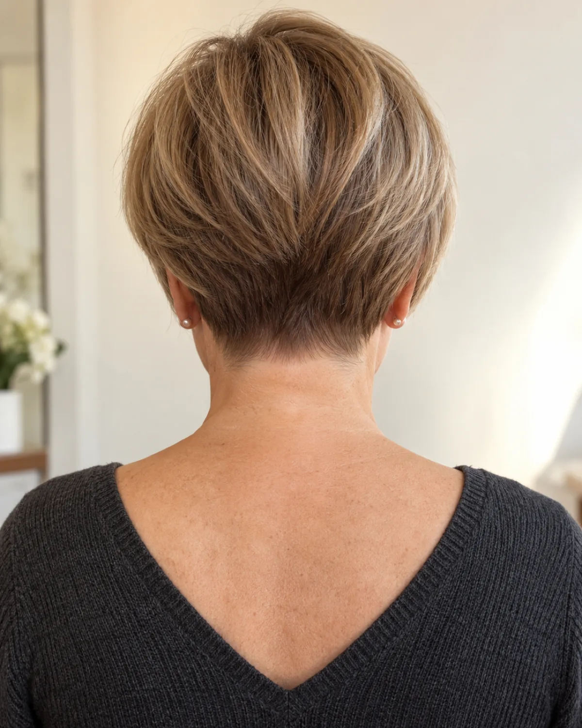 Back view of a mature woman with a graduated pixie cut, nape hairline and tapered graduation clearly visible above a charcoal V-back knit top