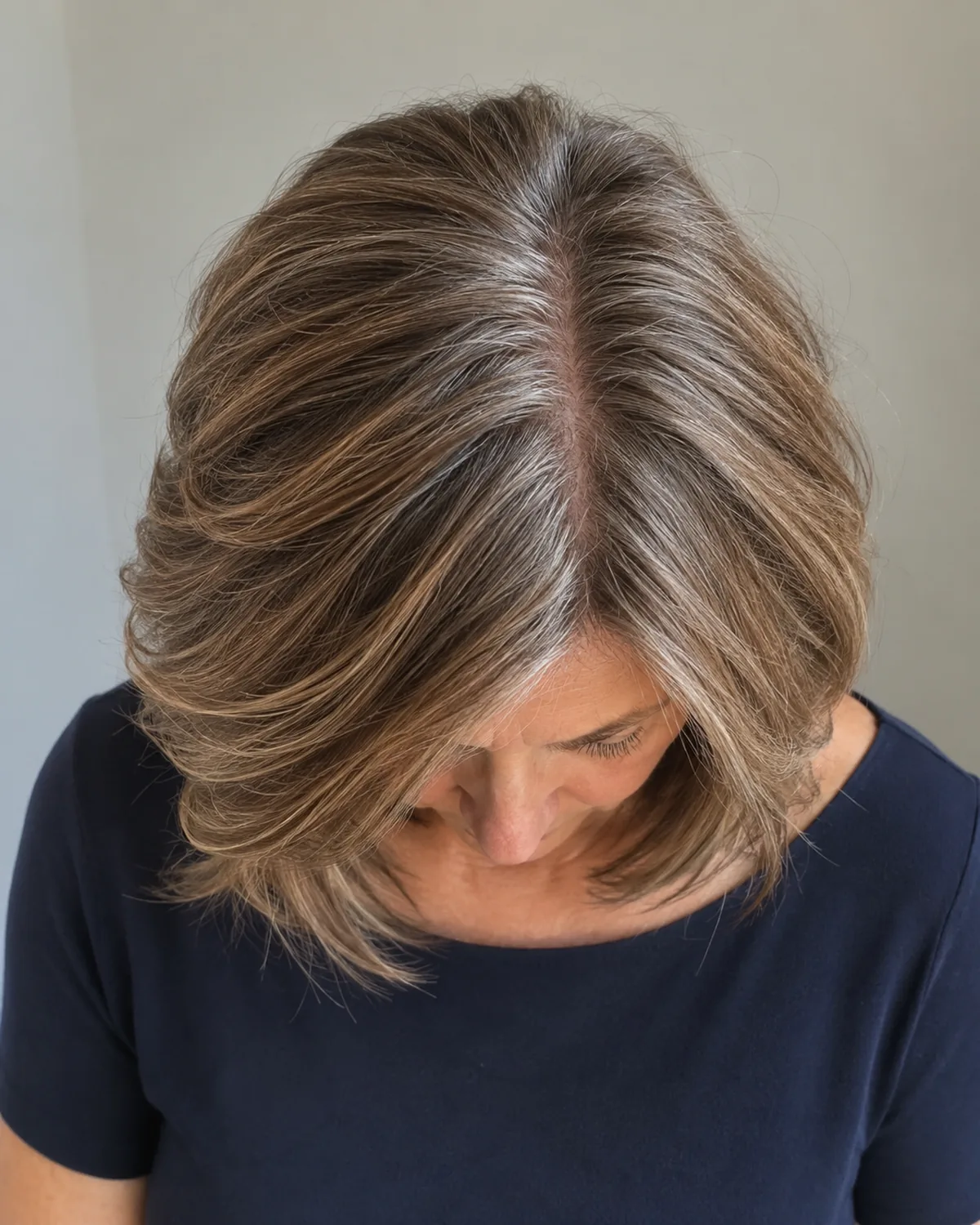 Top-down view of a mature woman with collarbone-length layered chestnut-silver hair, crown and parting visible showing root volume and layer movement