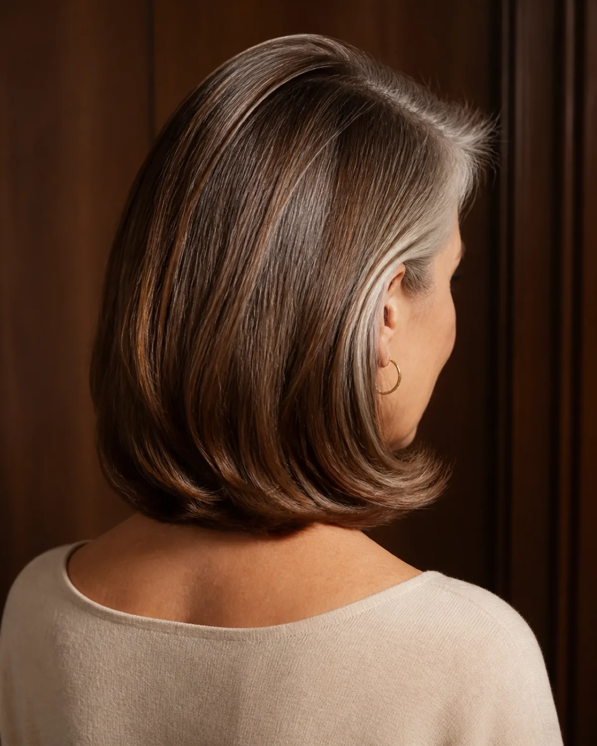 The back three-quarter view of a woman's shoulder-length brown and silver hair curving smoothly under at the ends in a polished blowout, nape visible, dark walnut panelling behind