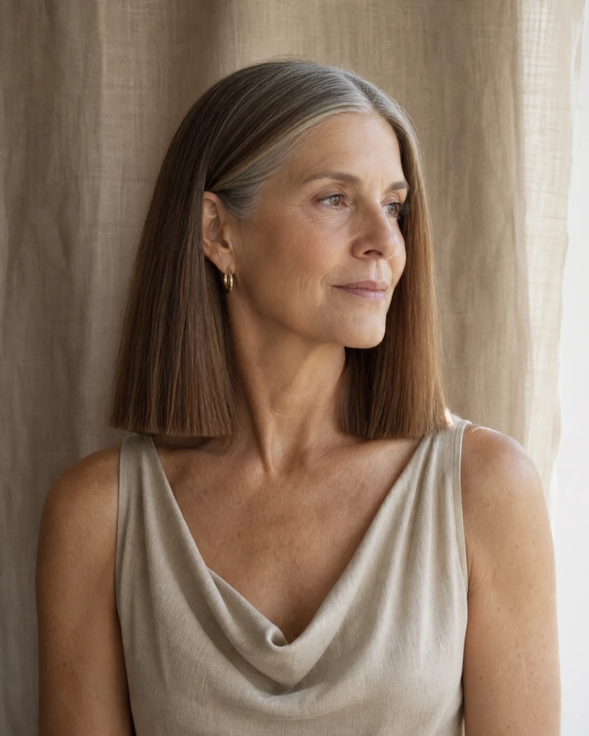 A woman in her early 60s with medium brown shoulder-length hair cut to a perfectly blunt hemline, three-quarter turn to camera right, silver visible at the roots, linen curtain behind her