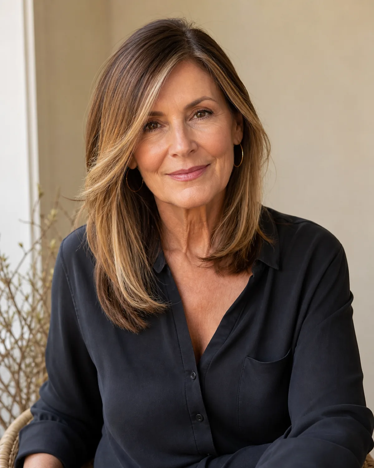 A woman in her late 50s seated, facing the camera, her collarbone-length brown hair carrying lighter warm pieces around the face that draw the eye down to her jawline, dark shirt, cream wall