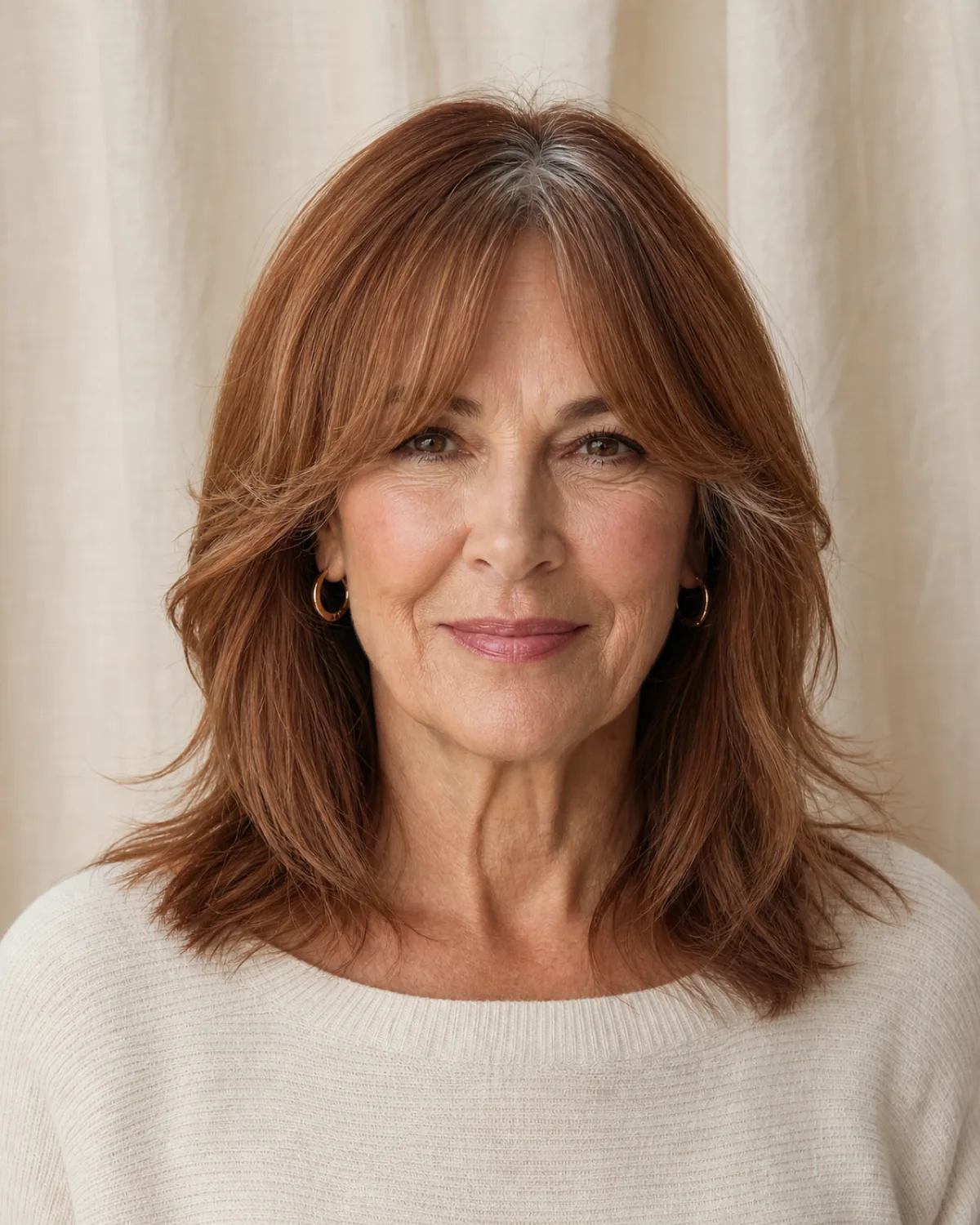 A woman in her late 50s facing the camera with auburn shoulder-length hair and curtain bangs splitting from a centre part, each side sweeping past her cheekbone, grey at the temples, cream linen background