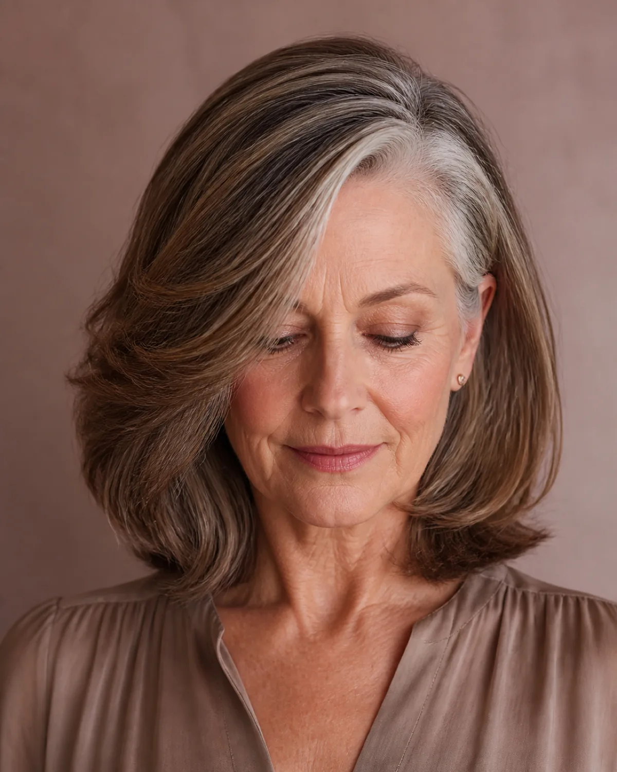 A woman in her late 50s facing the camera with eyes downcast, her shoulder-length hair parted deeply to one side so the heavier side falls in a thick wave over her brow, silver streaks running through the part, dusty rose background