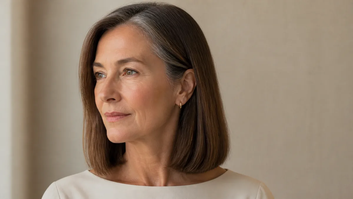 A woman in her late 50s with chestnut shoulder-length hair falling in a clean one-length line, turned three-quarters to camera left, silver threading through her temples, against a warm taupe wall