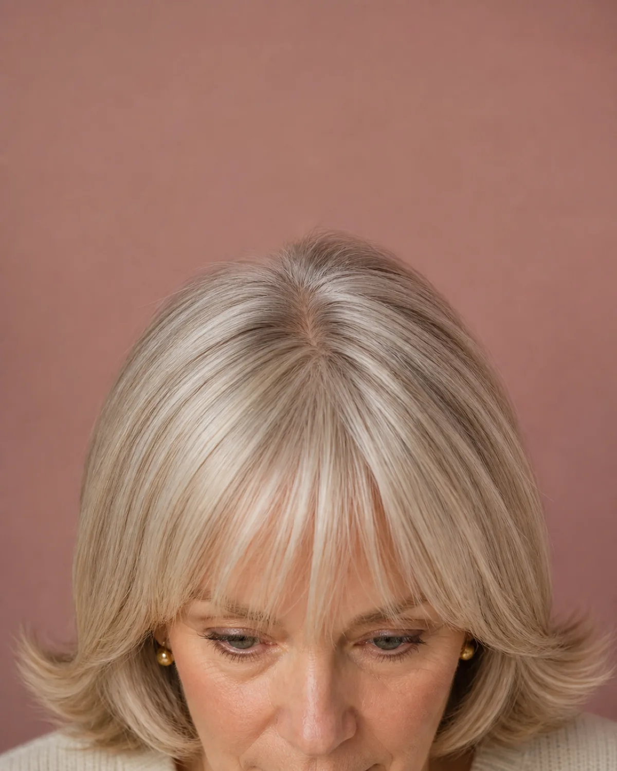Looking down at a woman's ash blonde shoulder-length hair, the ends kicked outward in a deliberate flip on both sides, dusty rose background