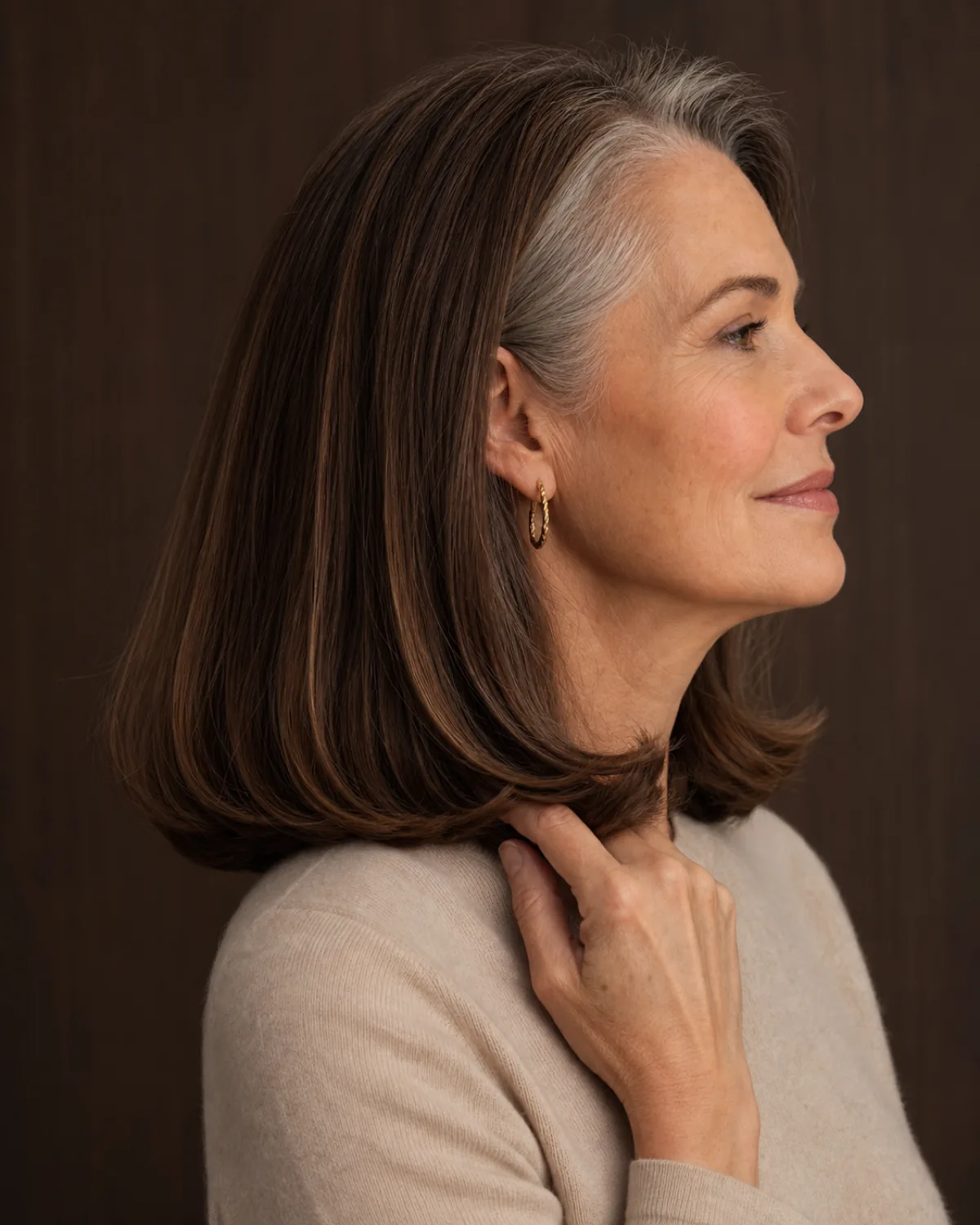 Full profile of a woman in her late 50s with brown shoulder-length hair turned smoothly under at the ends, one hand resting at her neck, silver through the front section, dark wood background
