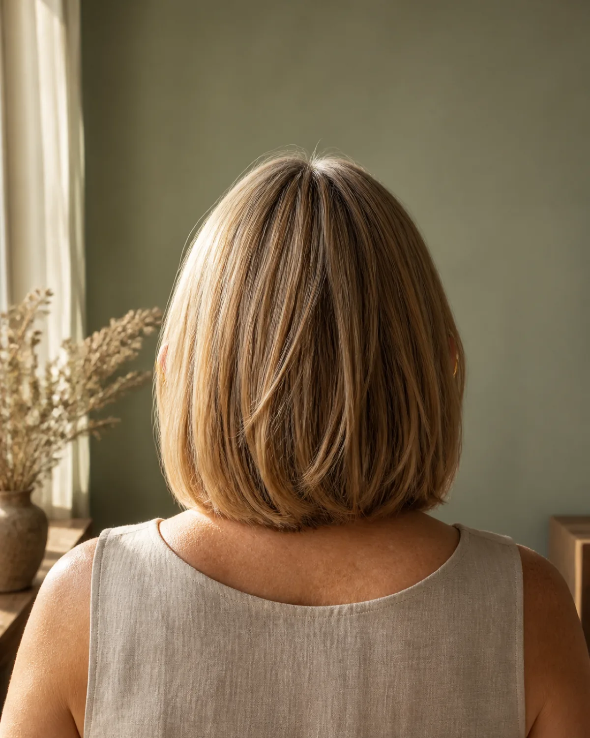 The back of a woman's dark blonde long bob, shot from directly behind, showing a clean solid outline with layered pieces moving inside the perimeter, sage green wall behind