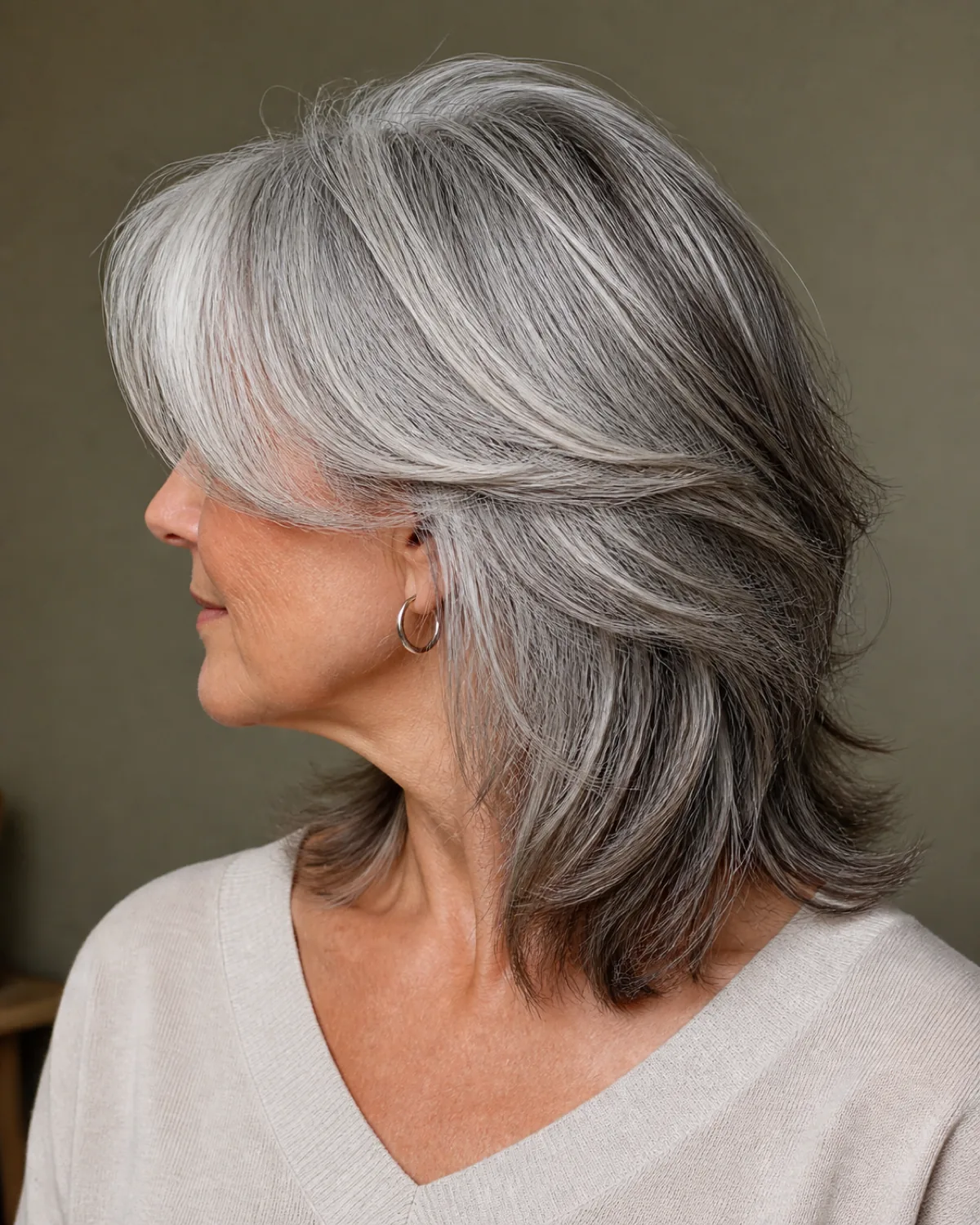 A woman in her early 60s with silver-grey shoulder-length hair, her head turned away so the temple and front hairline face the camera, a long side-swept fringe covering the temple and blending into the layers