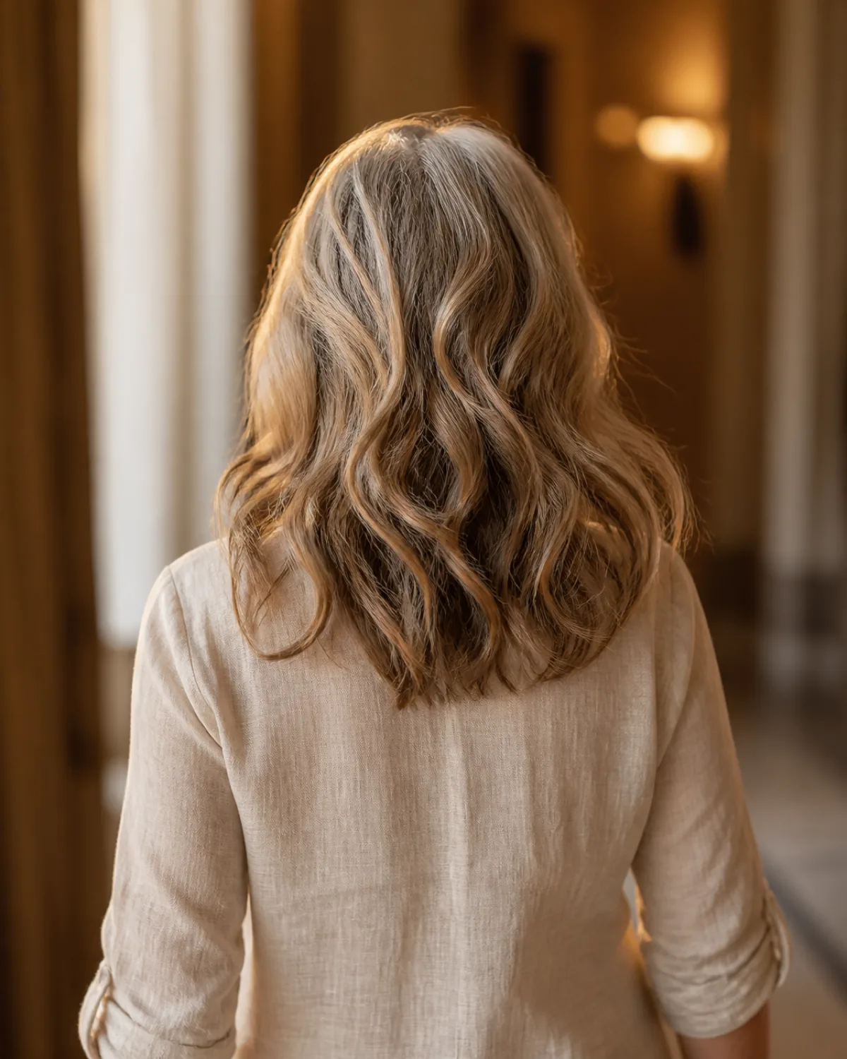 A woman walking away from the camera, her shoulder-length hair falling in loose air-dried waves with blonde and silver running through it, cream linen shirt, warm corridor light