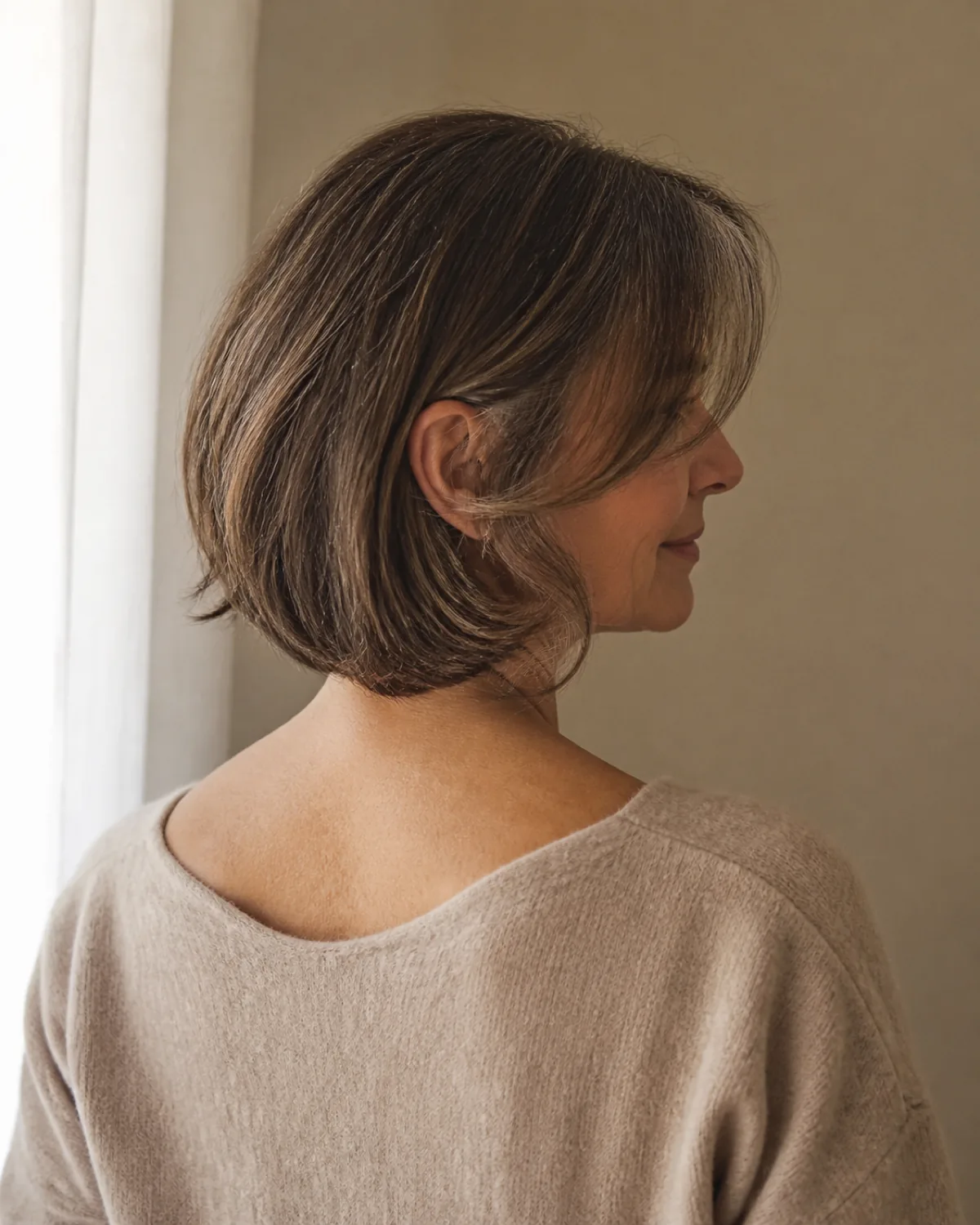 A woman in her late 50s with warm brown hair with silver threads, in a grown-out bob just past the chin with curtain bangs, seen from a back-three-quarter angle showing the bob shape and the fringe pieces wrapping forward past the ear